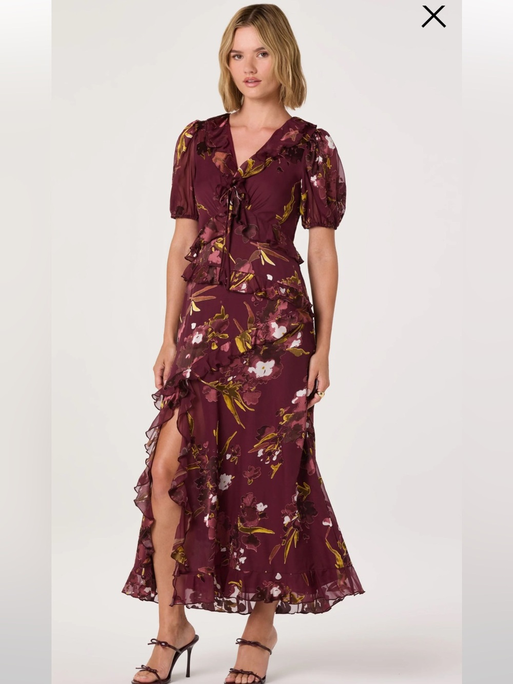 Astr the Label Bennet Floral Ruffle Trim Midi Dress - Wine Floral